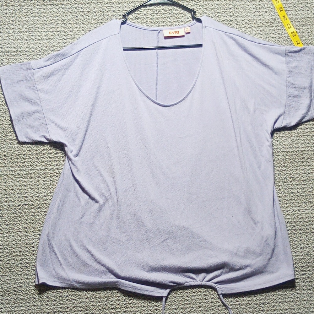 EVRI Women's Plus 1X Solid Purple Scoop Neck Short Sleeve Blouse Drawstring K14